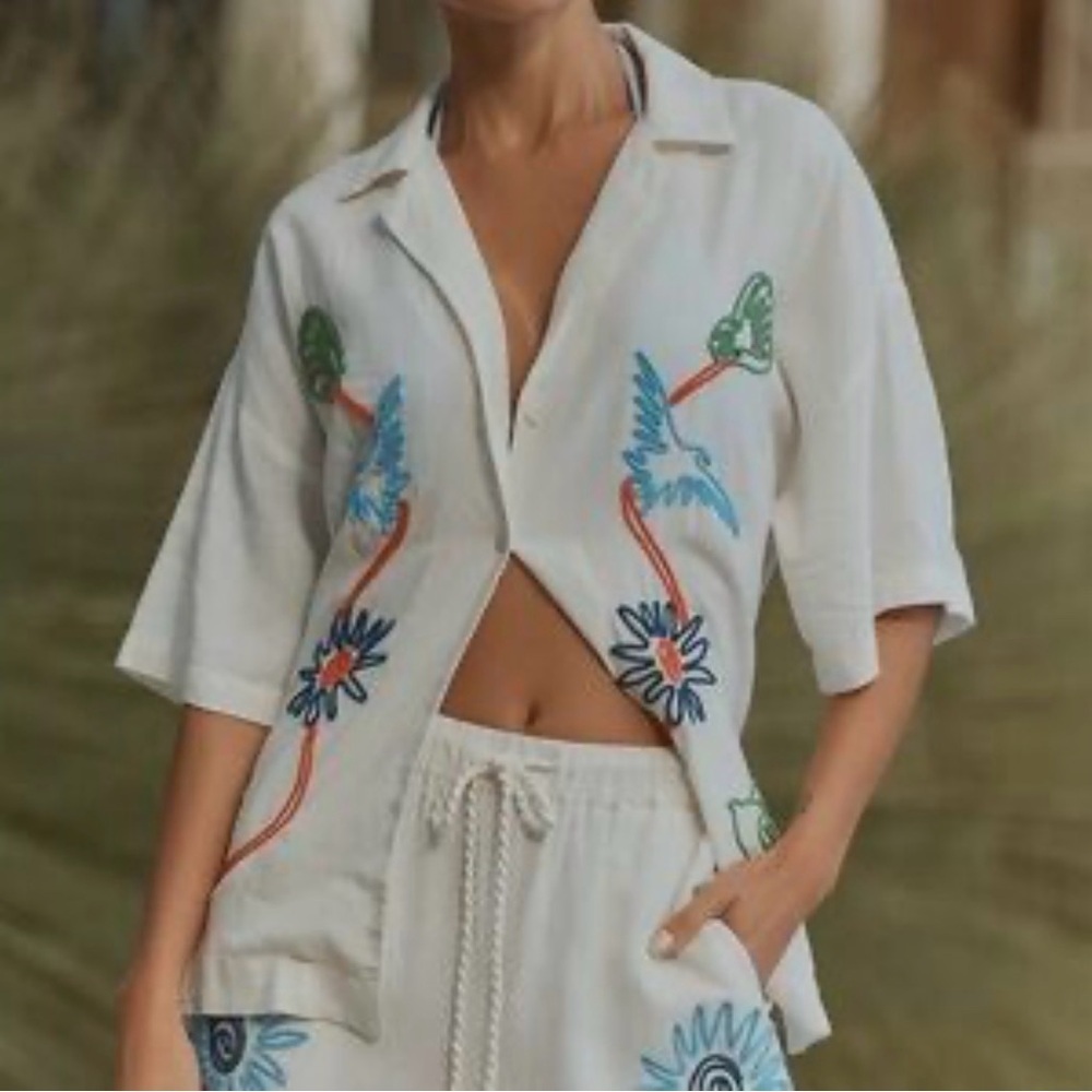 Anthropologie Celandine linen embroidered short sleeve button down medium - Picture 1 of 6